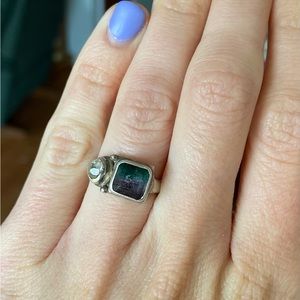 Real BiColor Tourmaline & Herkimer Diamond Quartz Silver 925 Ring Size 6.25
